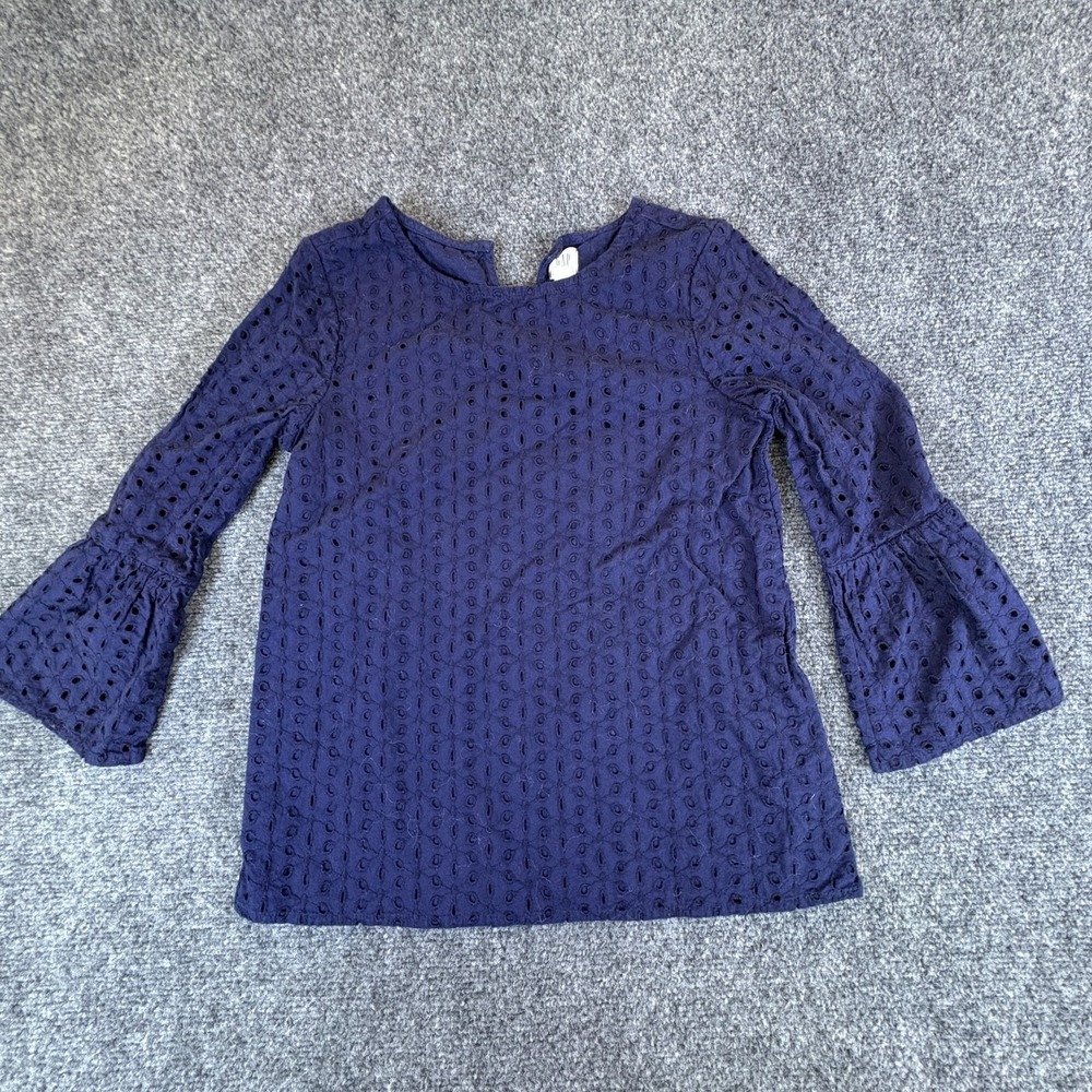 Gap Top Kids XL 12 Navy Blue Cotton Eyelet Bell Sleeve Crew Neck Keyhole Back
